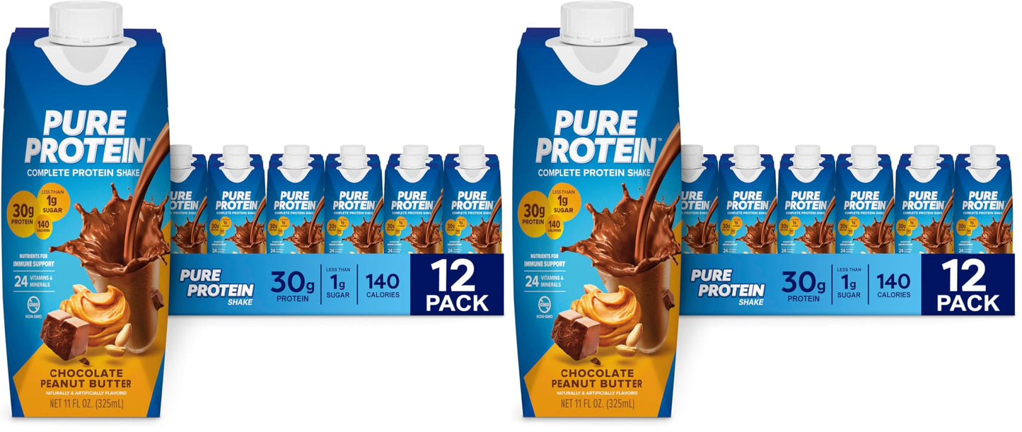 Pure Protein Strawberry Protein Shake, 30g Complete Protein, Ready to Drink and Keto-Friendly, Vitamins A, C, D, and E plus Zinc to Support Immune Health, 11oz Bottles, 12 Pack