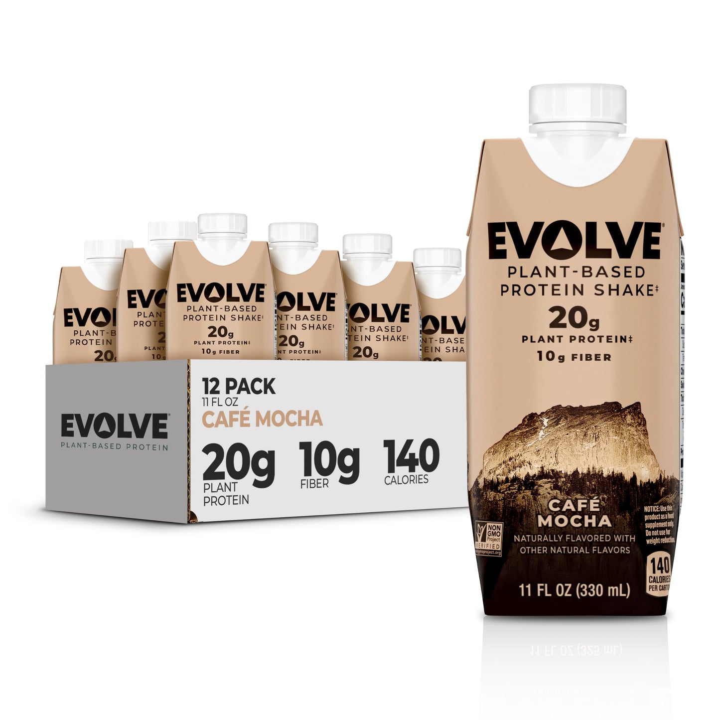 Evolve Plant Based Protein Shake, Double Chocolate, 20g Vegan Protein, Dairy Free, No Artificial Sweeteners, Non-GMO, 10g Fiber, 11 Fl Oz (Pack of 12) - (Formula May Vary)