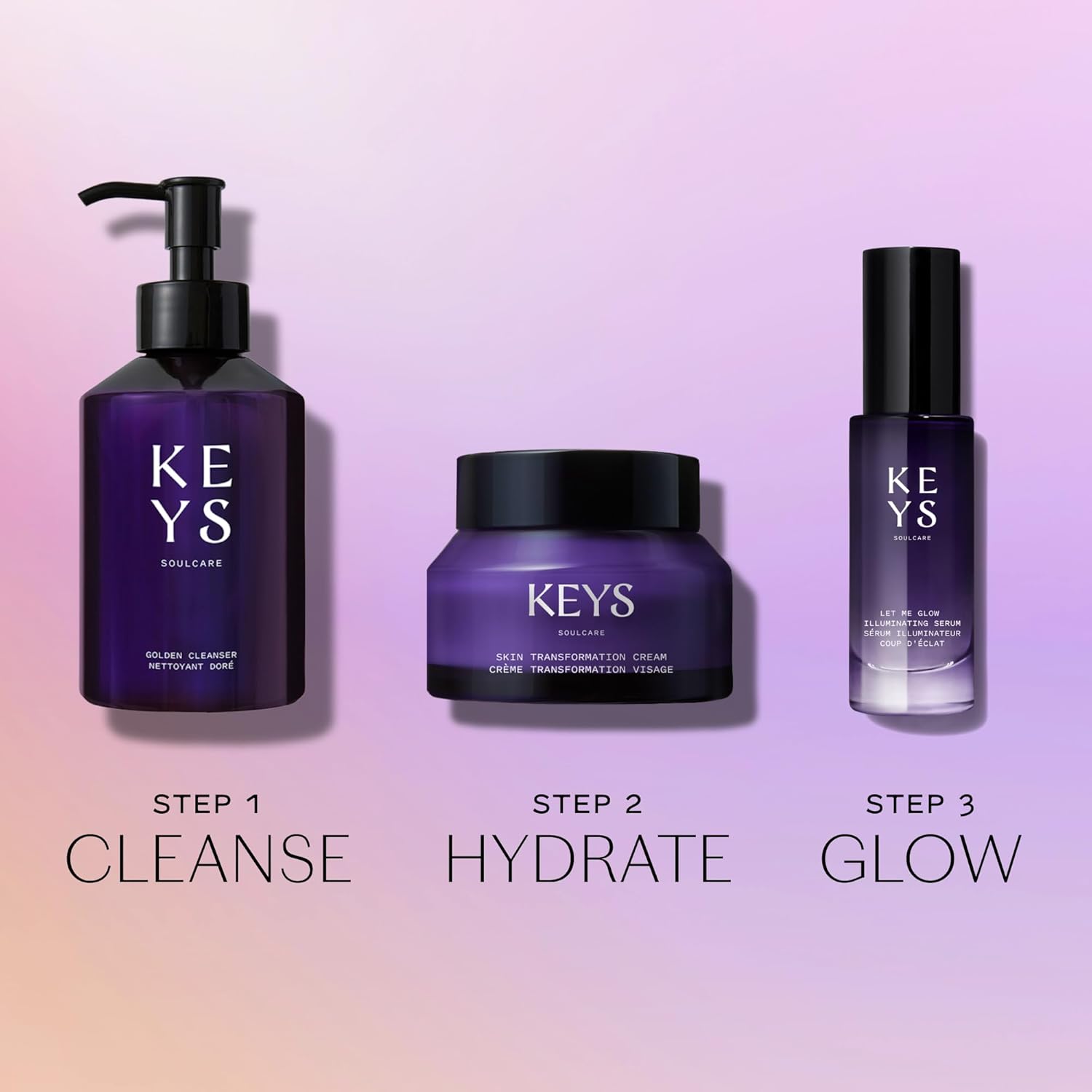 Keys Soulcare Hydrate + Glow Bundle, Includes Cleanser, Fragrance-Free Cream & Priming Serum, Removes Impurities, Moisturizes & Illuminates for Hydrated & Dewy Skin