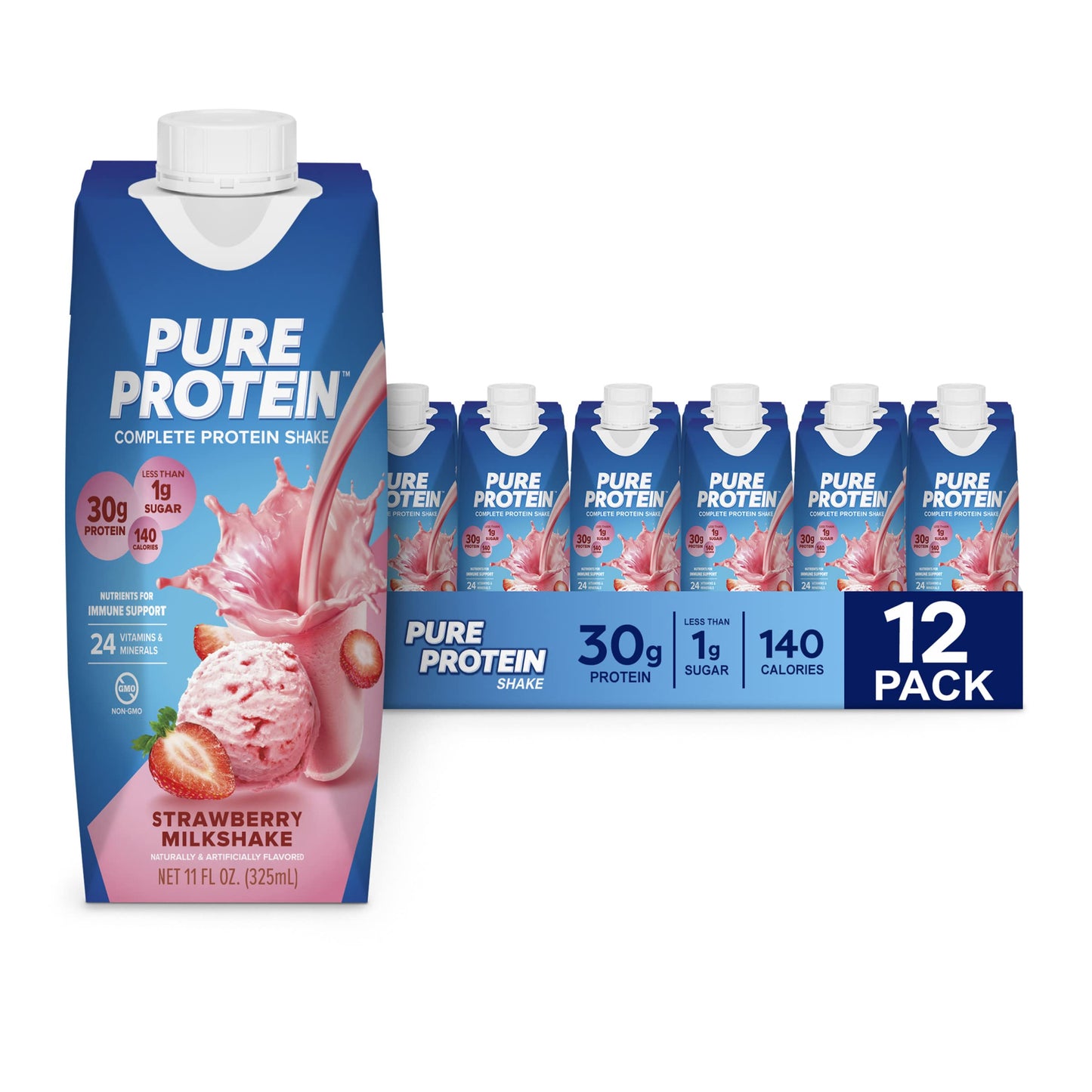 Pure Protein Chocolate Protein Shake, 30g Complete Protein, Ready to Drink and Keto-Friendly, Vitamins A, C, D, and E plus Zinc to Support Immune Health, 11oz Bottles, 12 Pack