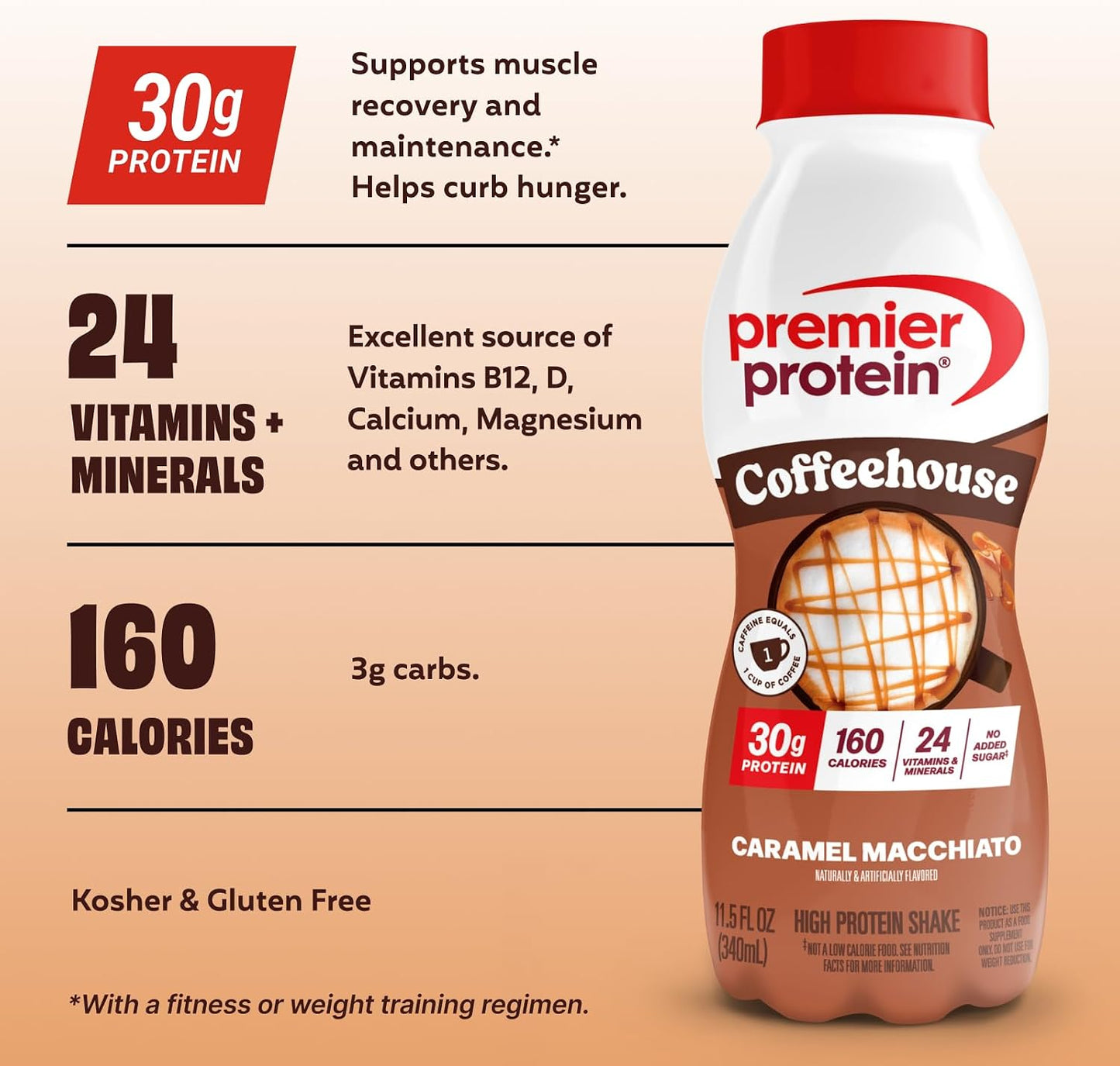 Premier Protein COFFEEHOUSE Caramel Macchiato Protein Shake with Caffeine – 30g Protein, No Added Sugar, 24 Vitamins & Minerals, Coffee Beverage for Energy, Gluten-Free, 11.5 fl oz (12 Pack)