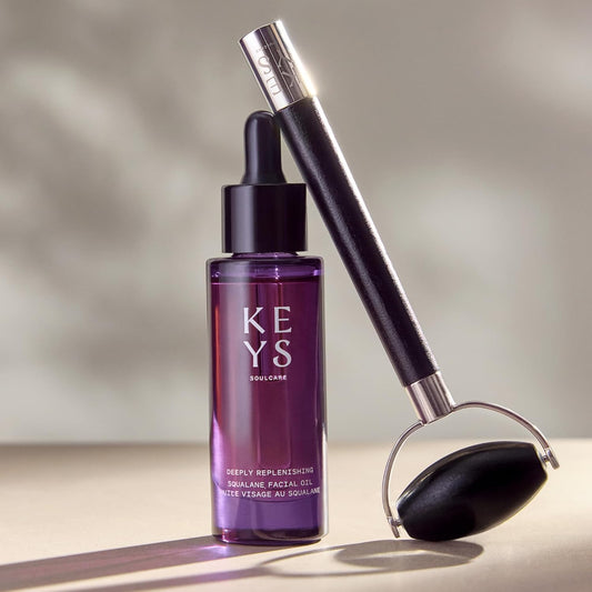 Keys Soulcare Facial Massage Bundle, Includes Deeply Replenishing Squalane Oil & Obsidian Roller, Hydrates for Glowing, Energized & Revitalized Skin