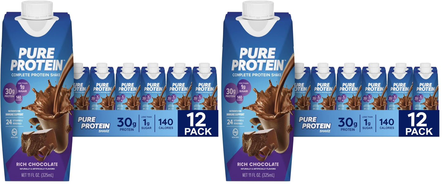 Pure Protein Chocolate Protein Shake, 30g Complete Protein, Ready to Drink and Keto-Friendly, Vitamins A, C, D, and E plus Zinc to Support Immune Health, 11oz Bottles, 12 Pack