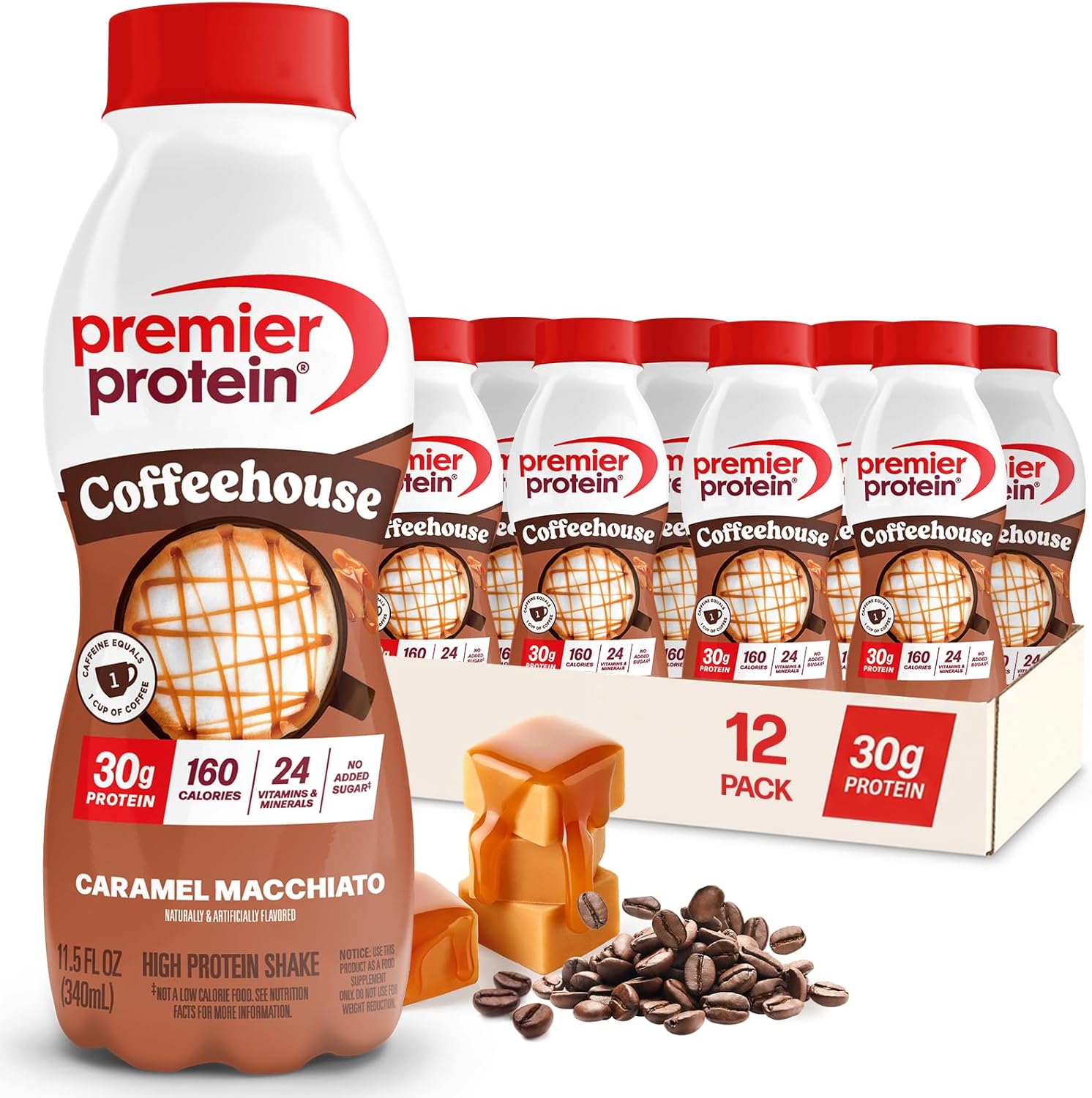 Premier Protein COFFEEHOUSE Caramel Macchiato Protein Shake with Caffeine – 30g Protein, No Added Sugar, 24 Vitamins & Minerals, Coffee Beverage for Energy, Gluten-Free, 11.5 fl oz (12 Pack)