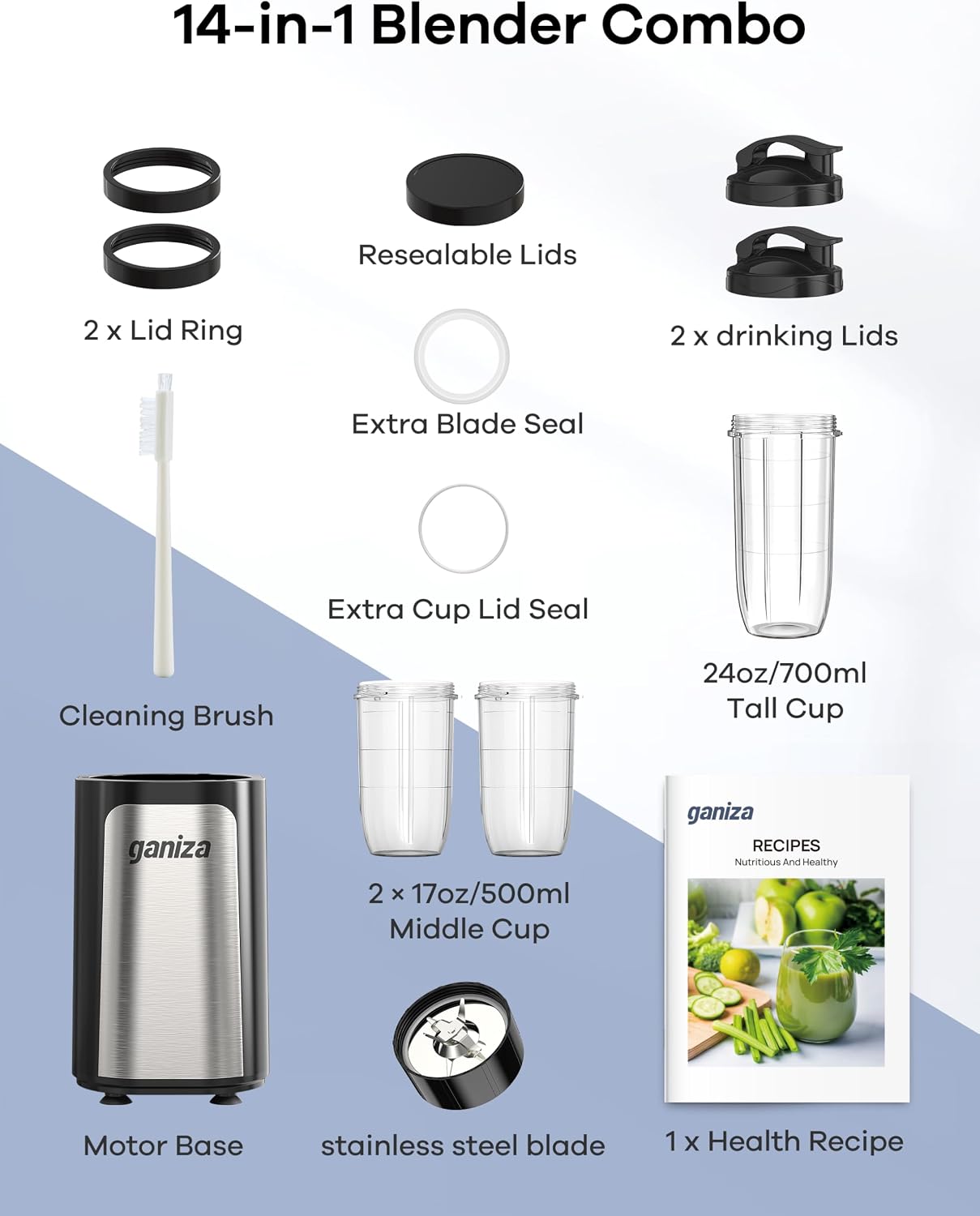 Ganiza Blender for Smoothies, 14Pcs Personal Blender for Shake and Smoothies for Kitchen with 3 Portable Cups (1x24oz & 2X17oz), Single Serve Smoothie Maker, Nutritious Recipe