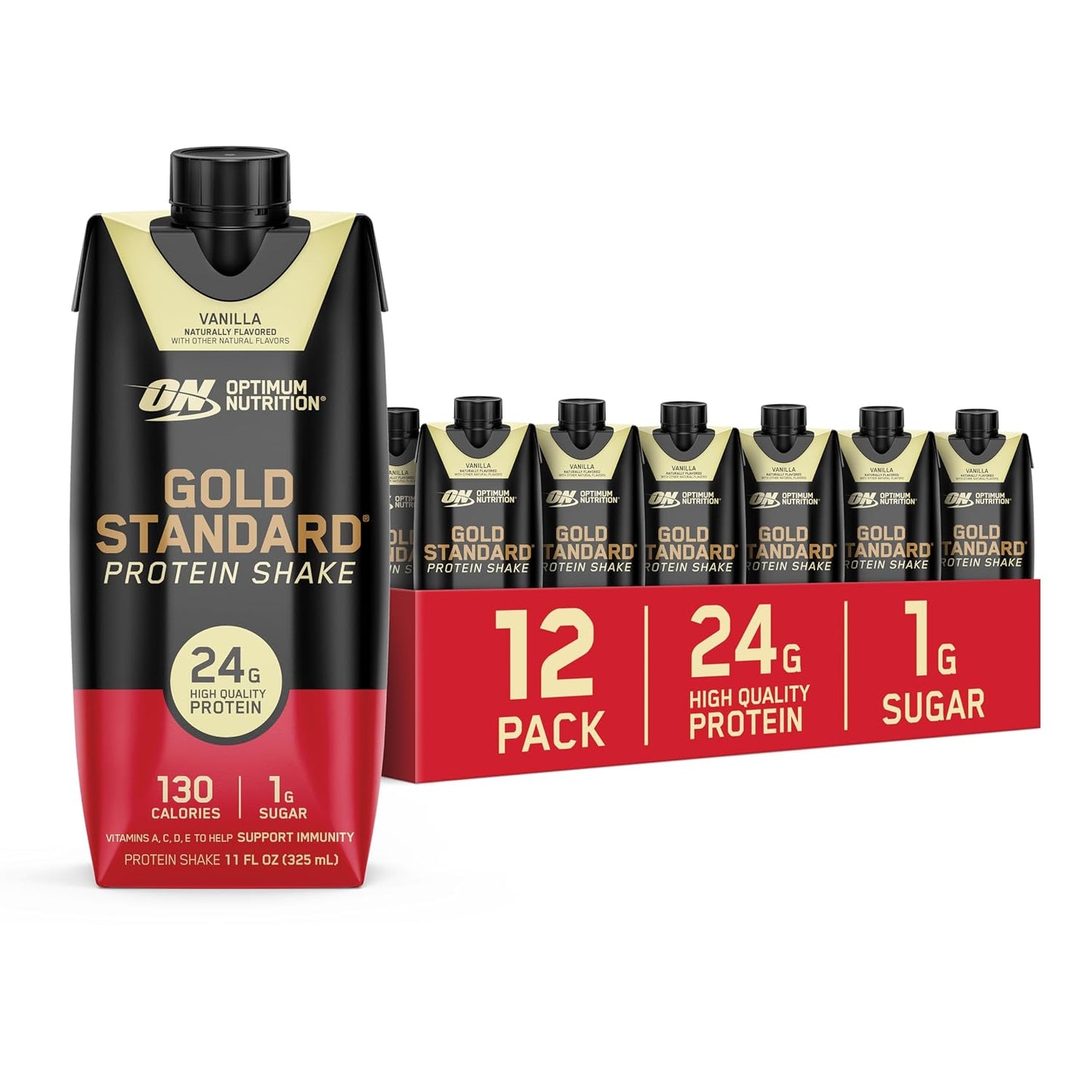 Optimum Nutrition Gold Standard Protein Shake, 24g Protein, Ready to Drink Protein Shake, Gluten Free, Vitamin C for Immune Support, Vanilla, 11 Fl Oz, 12 Count (Pack of 1) (Packaging May Vary)