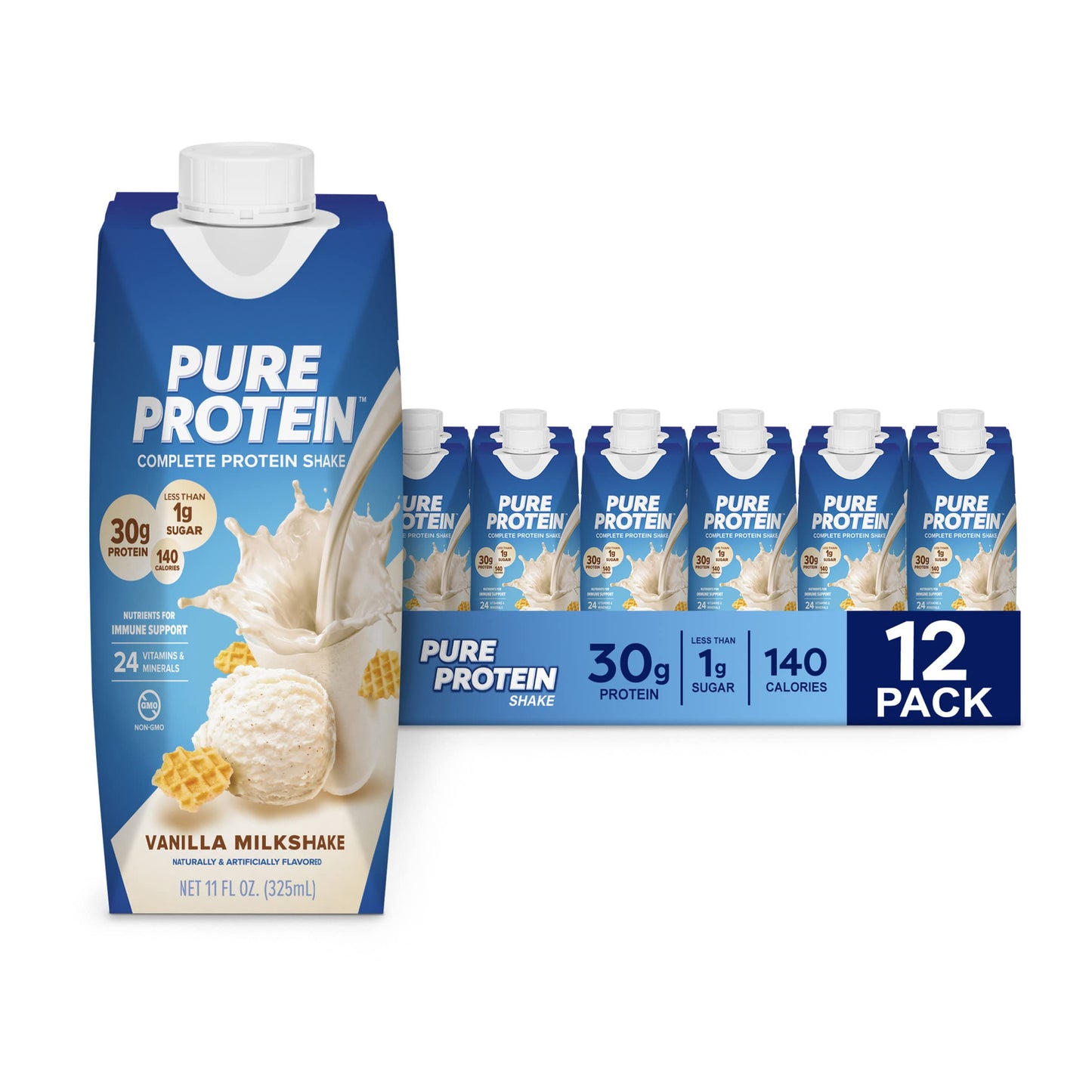 Pure Protein Strawberry Protein Shake, 30g Complete Protein, Ready to Drink and Keto-Friendly, Vitamins A, C, D, and E plus Zinc to Support Immune Health, 11oz Bottles, 12 Pack