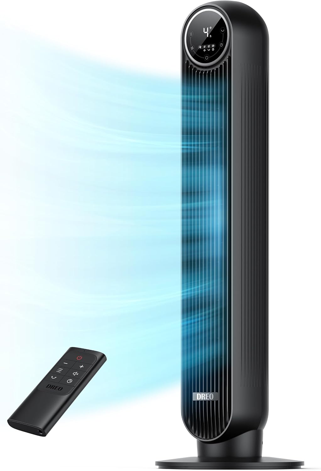 DREO Tower Fan for Bedroom, 28ft/s Velocity, 20dB Ultra Quiet, 8 Speeds | 2026 Upgraded DC Motor, 90° Oscillating, 4 Modes Standing Fan, Bladeless Fan for Indoors, Floor Fans with Remote, Black