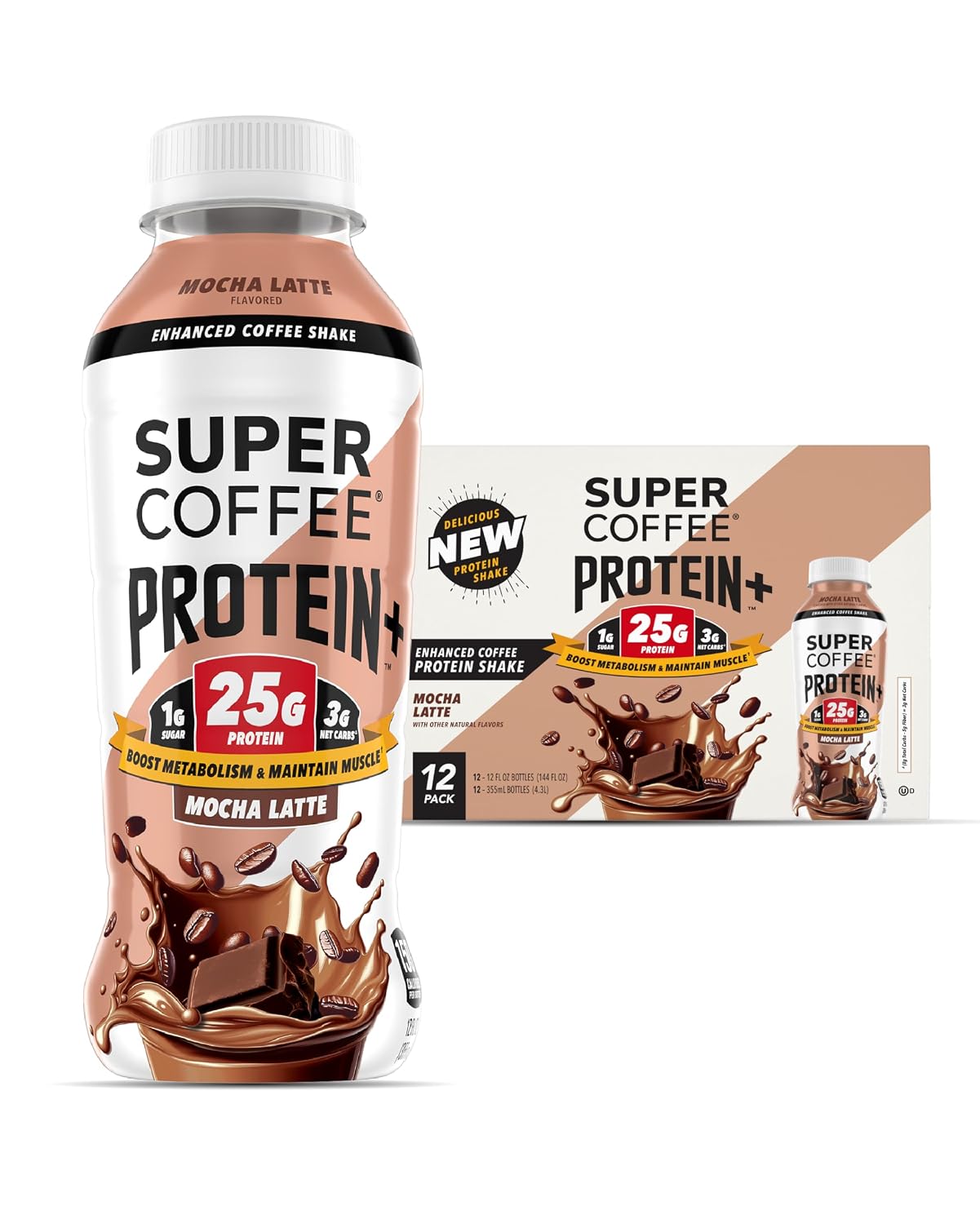 Super Coffee Protein+ Mocha Protein Coffee, 0g Sugar 25g Protein, 12oz 12Pk