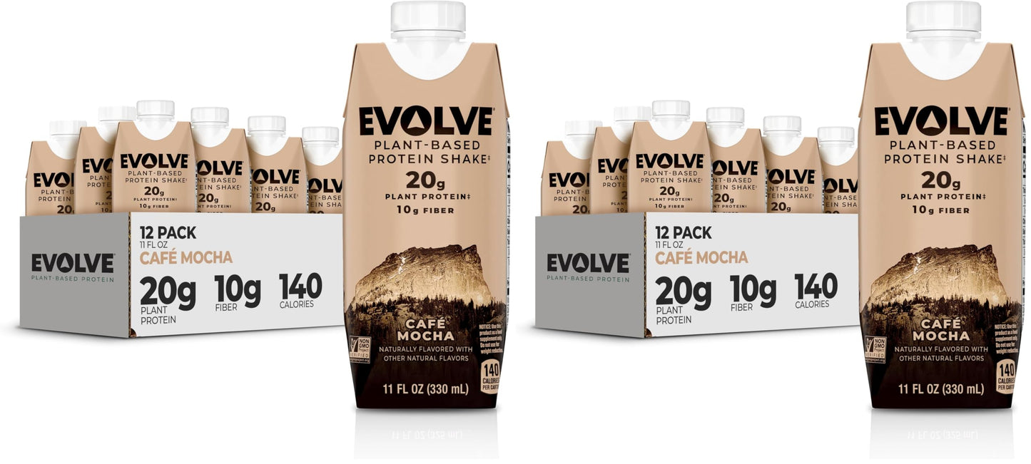 Evolve Plant Based Protein Shake, Double Chocolate, 20g Vegan Protein, Dairy Free, No Artificial Sweeteners, Non-GMO, 10g Fiber, 11 Fl Oz (Pack of 12) - (Formula May Vary)