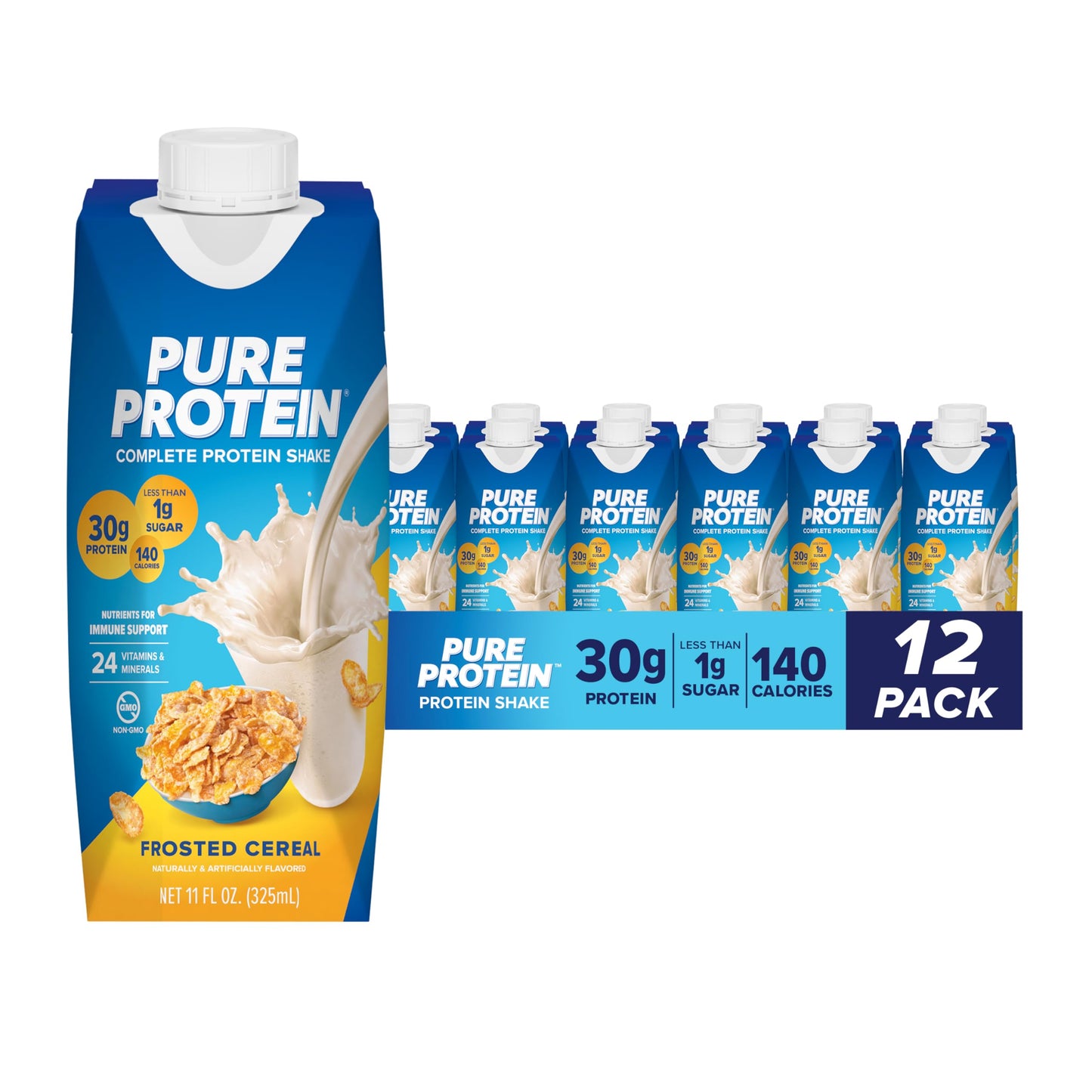 Pure Protein Strawberry Protein Shake, 30g Complete Protein, Ready to Drink and Keto-Friendly, Vitamins A, C, D, and E plus Zinc to Support Immune Health, 11oz Bottles, 12 Pack