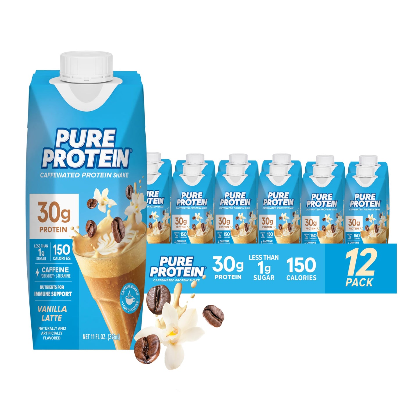 Pure Protein Strawberry Protein Shake, 30g Complete Protein, Ready to Drink and Keto-Friendly, Vitamins A, C, D, and E plus Zinc to Support Immune Health, 11oz Bottles, 12 Pack