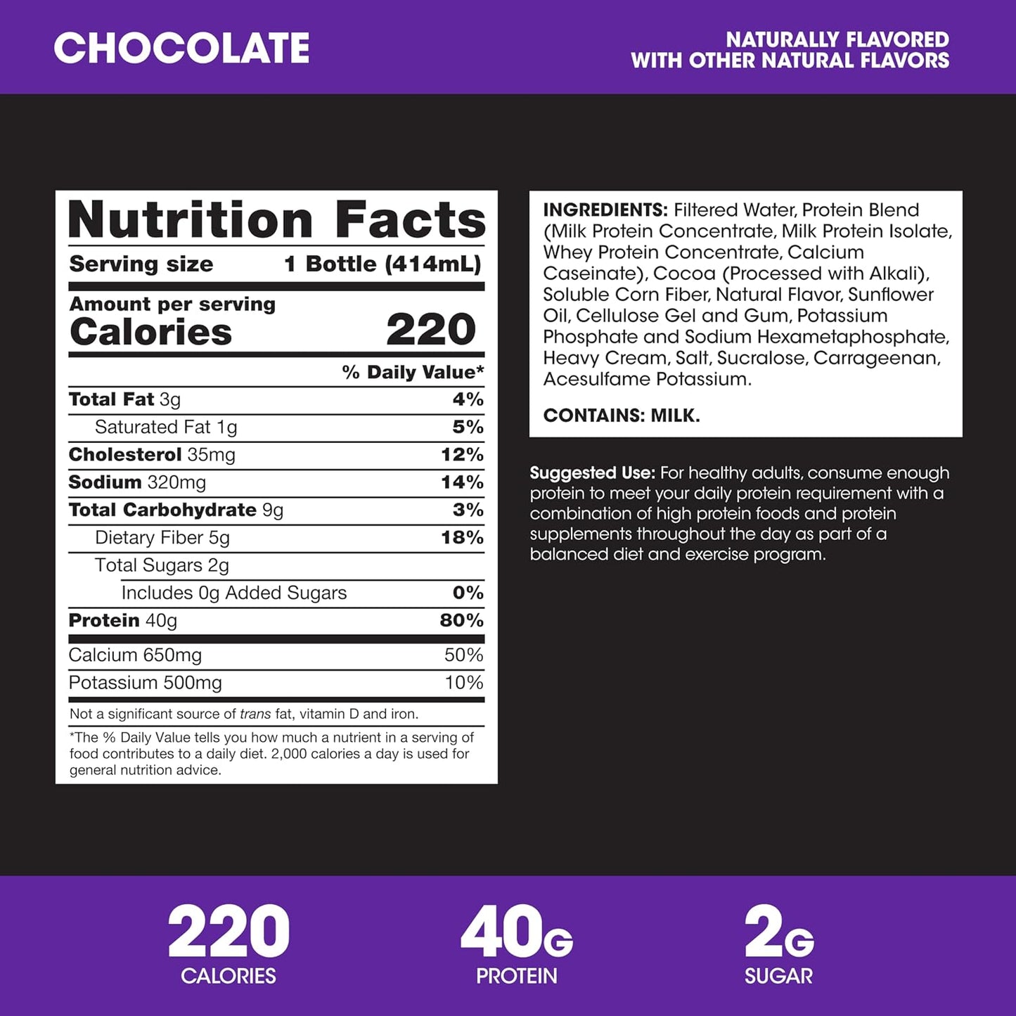 Optimum Nutrition 40g Protein Shake, 40g of Protein, Naturally Flavored, Complete Protein Drink, Chocolate, 14 Fl Oz, 12 Count (Pack of 1) (Packaging May Vary)