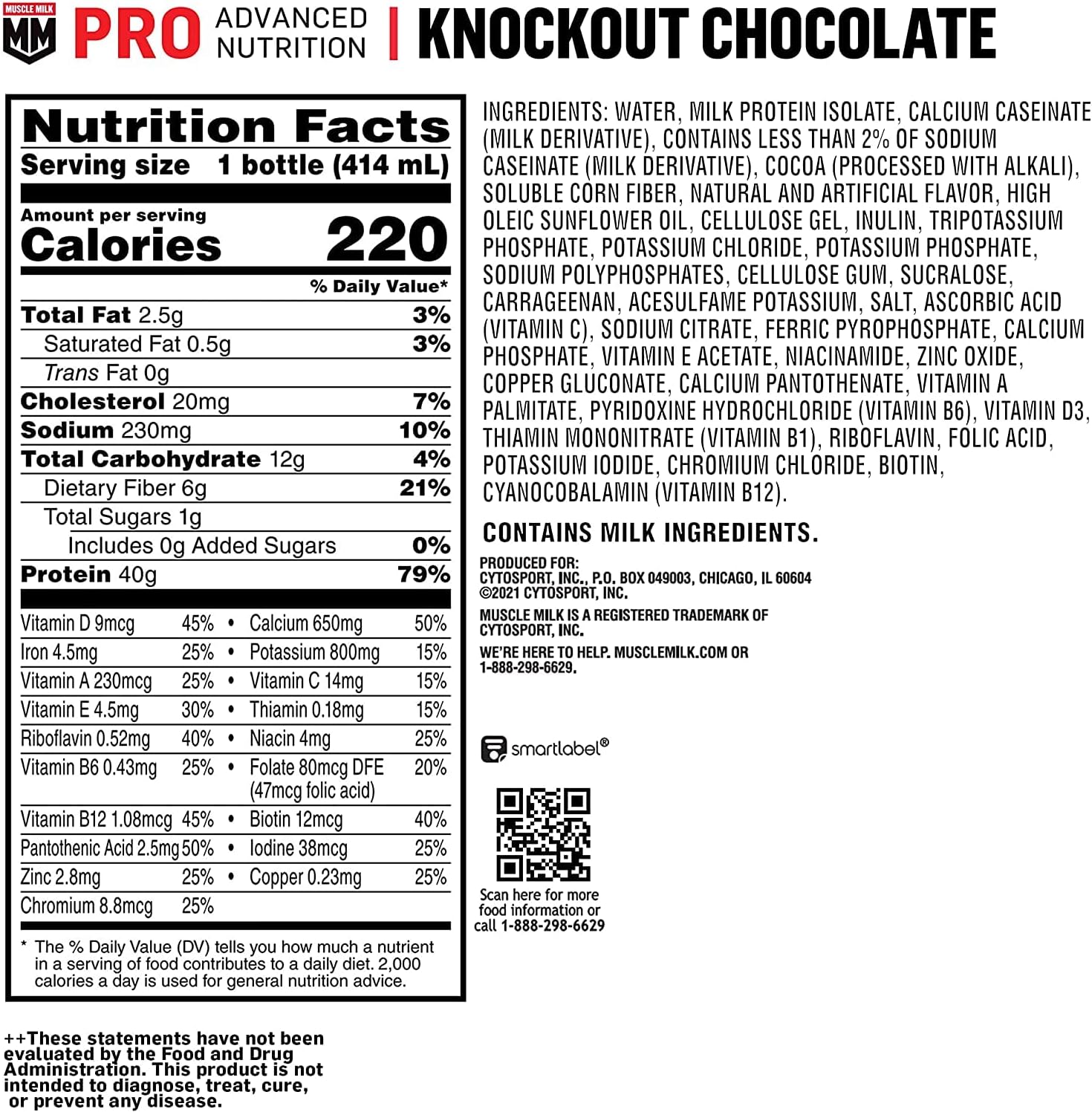 Muscle Milk Pro Advanced Nutrition Protein Shake, Knockout Chocolate, 14 Fl Oz Bottle, 12 Pack, 40g Protein, 1g Sugar, 16 Vitamins & Minerals, 6g Fiber, Workout Recovery, Packaging May Vary
