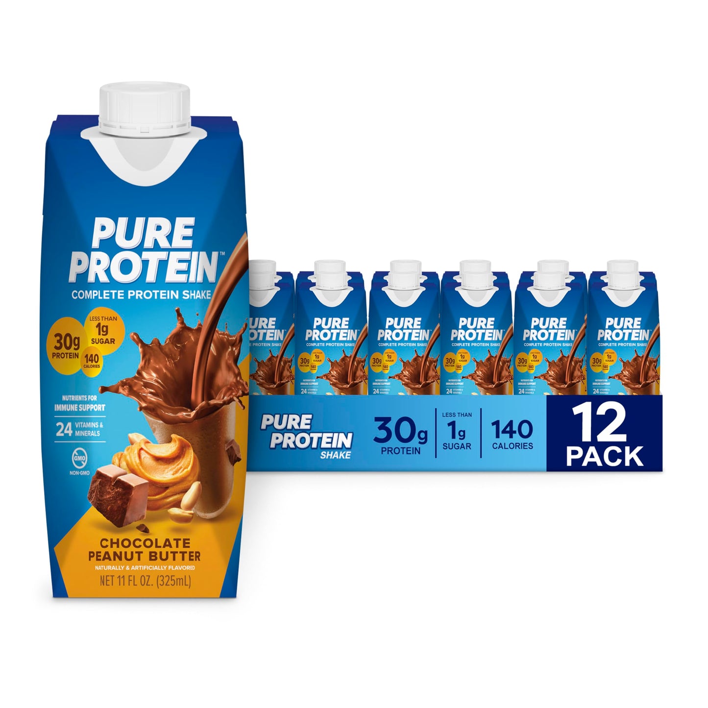 Pure Protein Chocolate Protein Shake, 30g Complete Protein, Ready to Drink and Keto-Friendly, Vitamins A, C, D, and E plus Zinc to Support Immune Health, 11oz Bottles, 12 Pack
