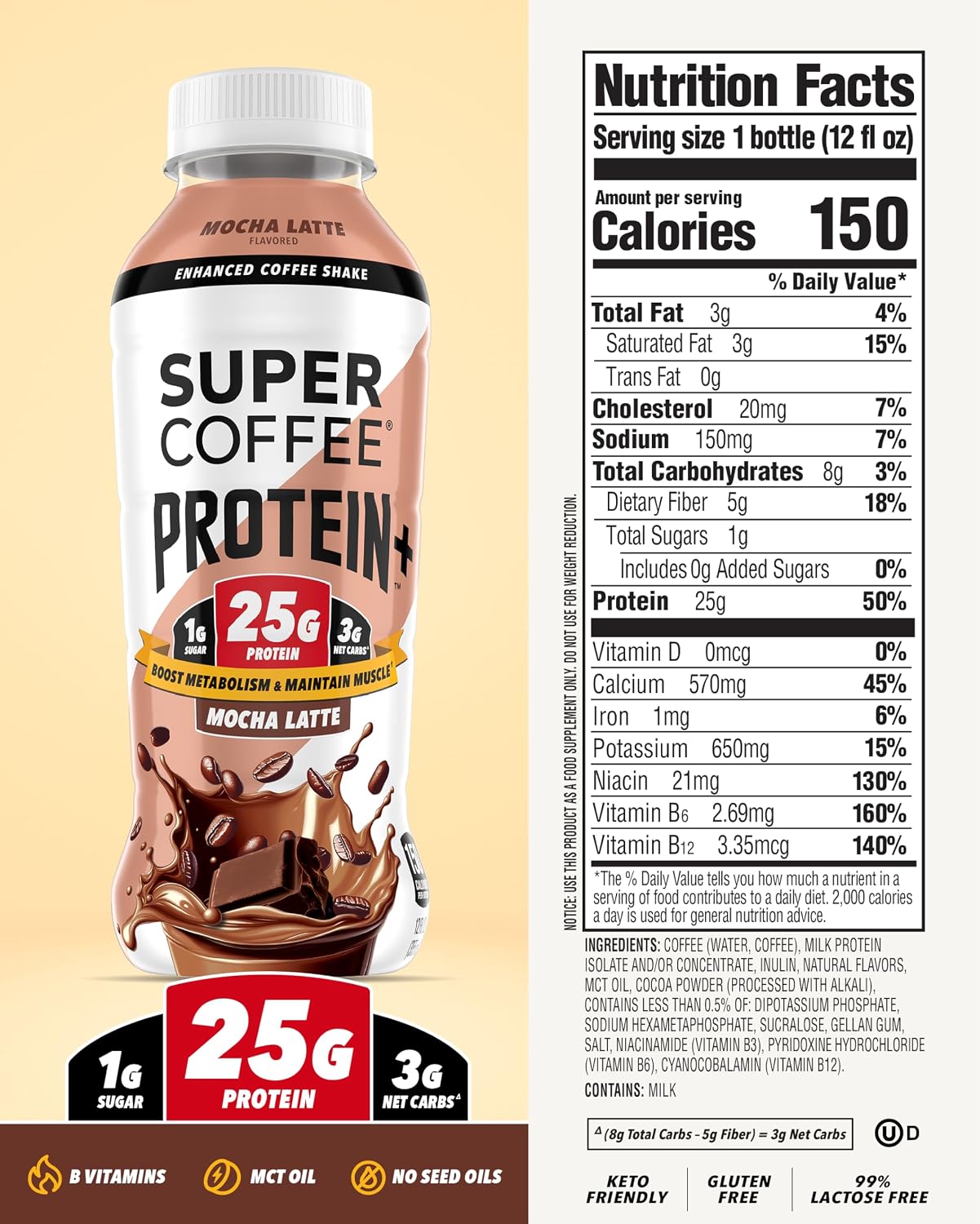 Super Coffee Protein+ Mocha Protein Coffee, 0g Sugar 25g Protein, 12oz 12Pk