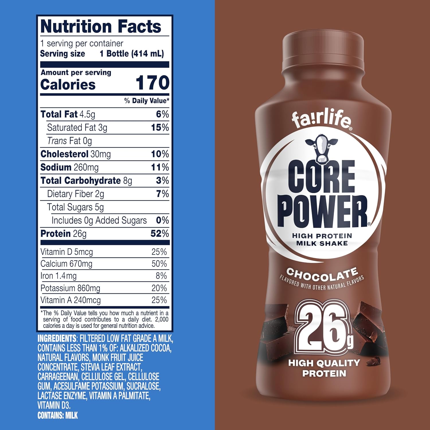 Core Power Protein Shake, Chocolate, 26g Bottle, 14oz, 12 Pack