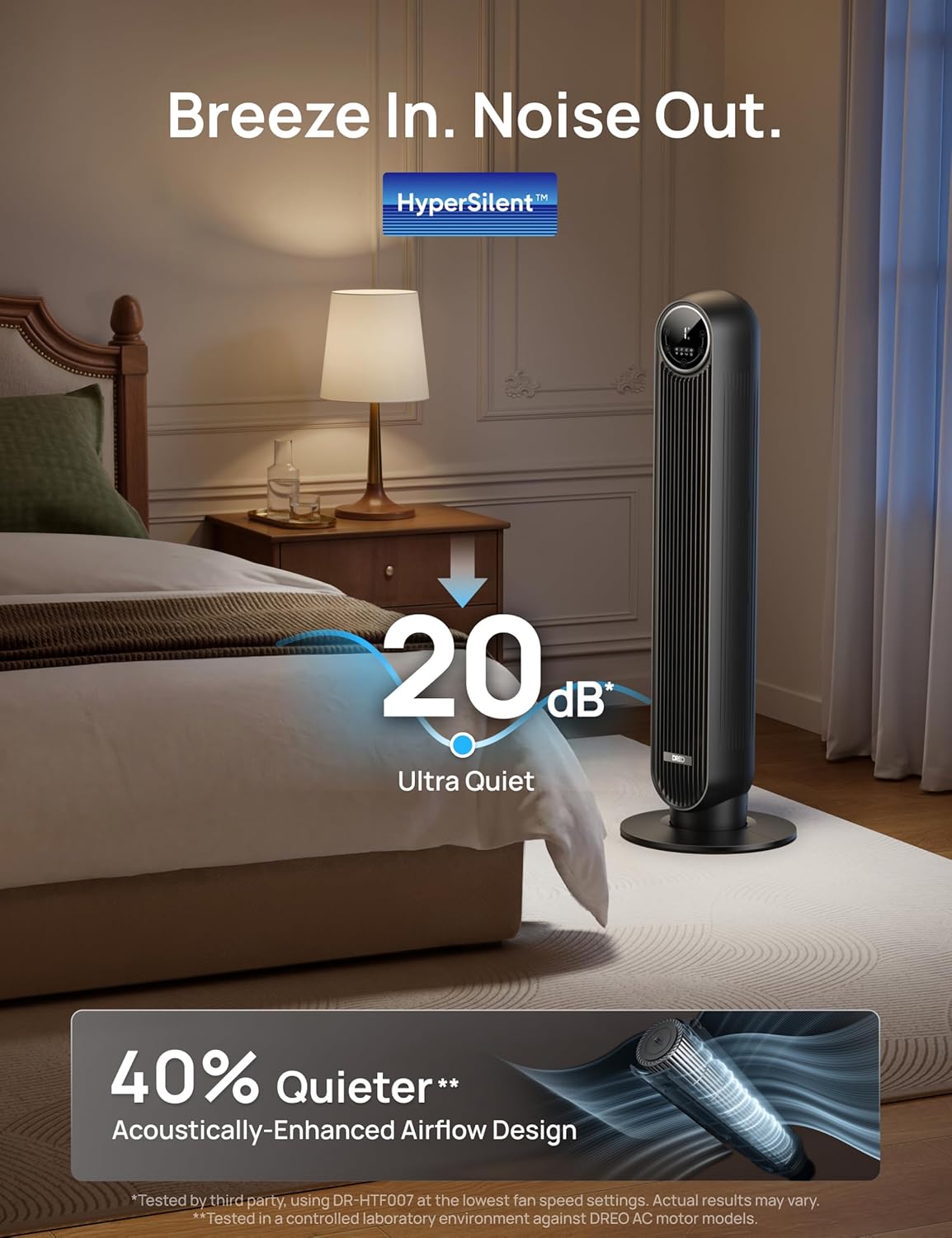 DREO Tower Fan for Bedroom, 28ft/s Velocity, 20dB Ultra Quiet, 8 Speeds | 2026 Upgraded DC Motor, 90° Oscillating, 4 Modes Standing Fan, Bladeless Fan for Indoors, Floor Fans with Remote, Black