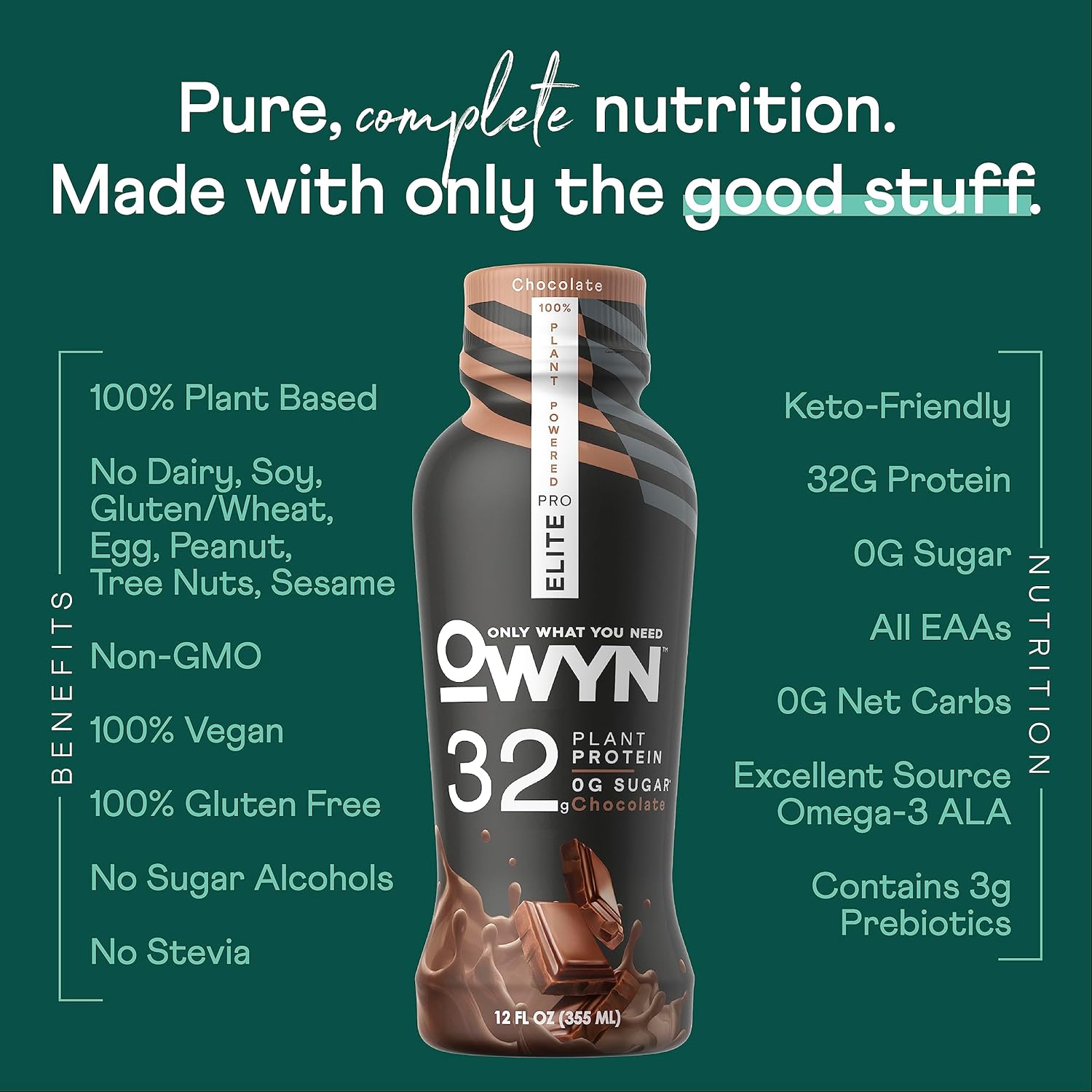 OWYN Only What You Need Pro Elite Vegan High Protein Keto Shake, 32g Protein, 9 Amino Acids, Omega-3, Prebiotics, Workout and Recovery, 0g Net Carbs, Zero Sugar (Chocolate, 12 Fl Oz (Pack of 24)
