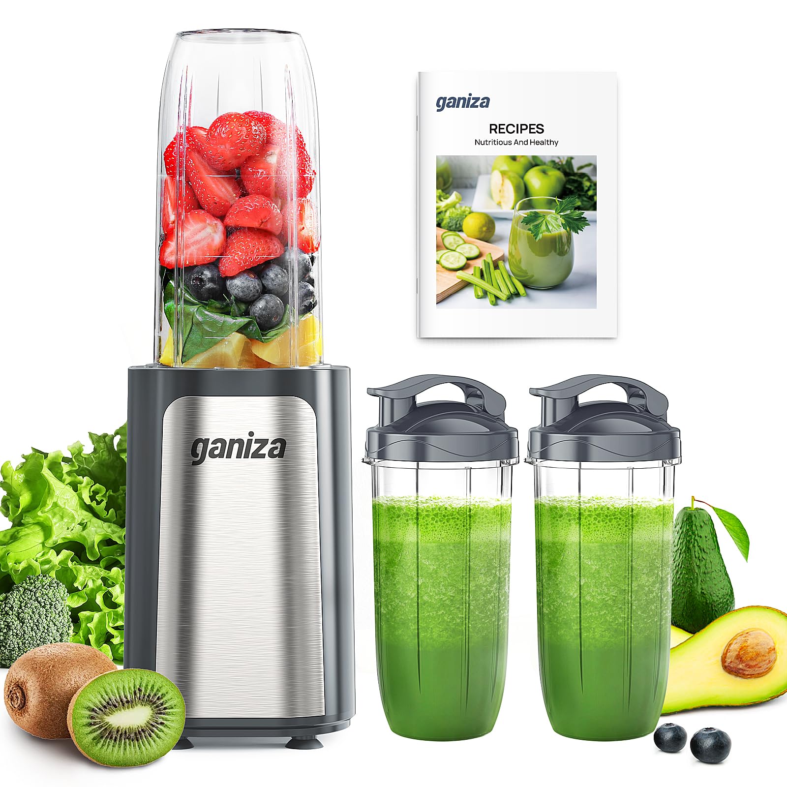 Ganiza Blender for Smoothies, 14Pcs Personal Blender for Shake and Smoothies for Kitchen with 3 Portable Cups (1x24oz & 2X17oz), Single Serve Smoothie Maker, Nutritious Recipe