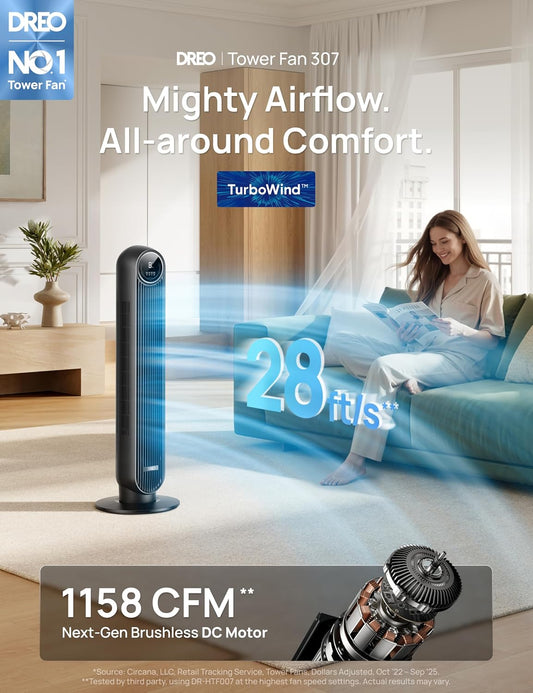 DREO Tower Fan for Bedroom, 28ft/s Velocity, 20dB Ultra Quiet, 8 Speeds | 2026 Upgraded DC Motor, 90° Oscillating, 4 Modes Standing Fan, Bladeless Fan for Indoors, Floor Fans with Remote, Black