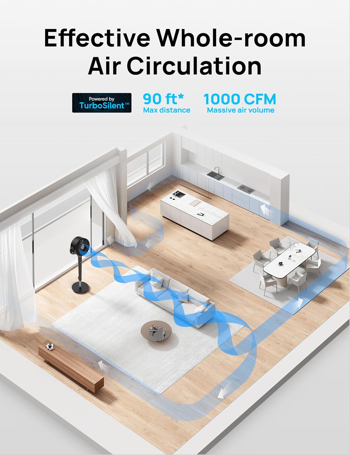 DREO Fan for Bedroom, 2026 Upgraded, 90ft Airflow, 20dB Quiet Fan, 90° Oscillating Standing Fan for Whole Room, DC Motor, 8+H Speeds, 3 Modes, 38-42'' Adjustable Height, 8H Timer, 105° Manual Vertical