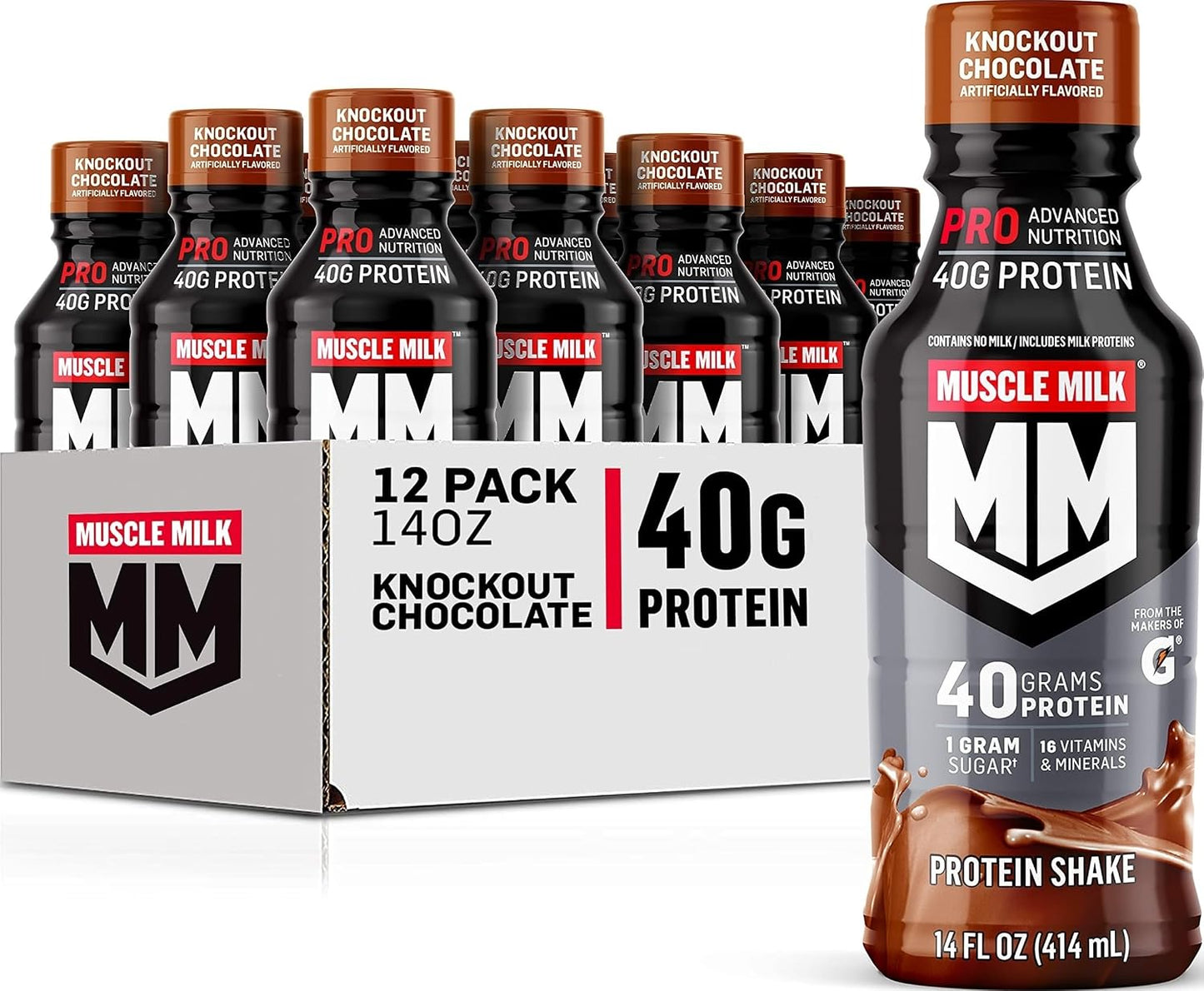 Muscle Milk Pro Advanced Nutrition Protein Shake, Knockout Chocolate, 14 Fl Oz Bottle, 12 Pack, 40g Protein, 1g Sugar, 16 Vitamins & Minerals, 6g Fiber, Workout Recovery, Packaging May Vary