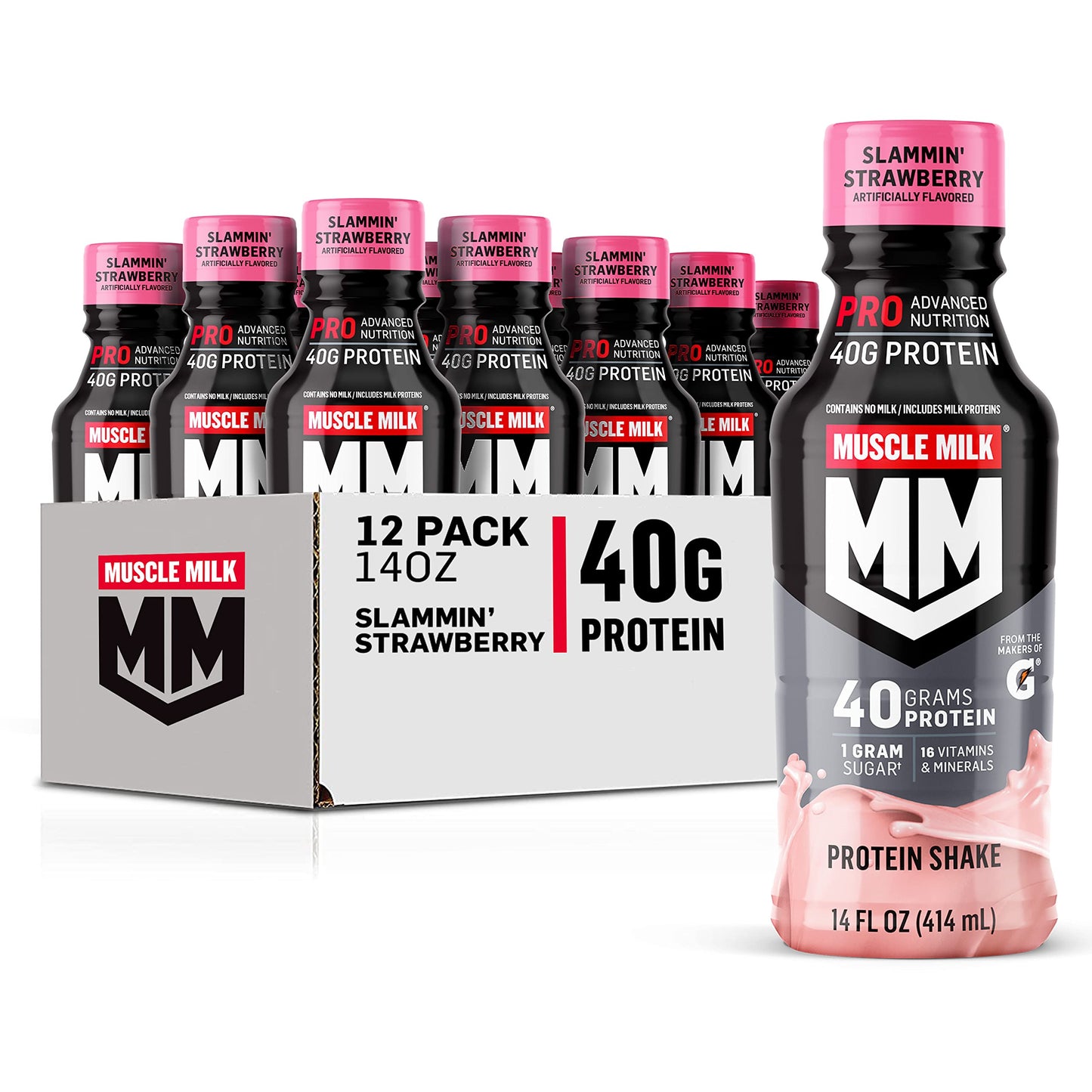 Muscle Milk Pro Advanced Nutrition Protein Shake, Knockout Chocolate, 14 Fl Oz Bottle, 12 Pack, 40g Protein, 1g Sugar, 16 Vitamins & Minerals, 6g Fiber, Workout Recovery, Packaging May Vary