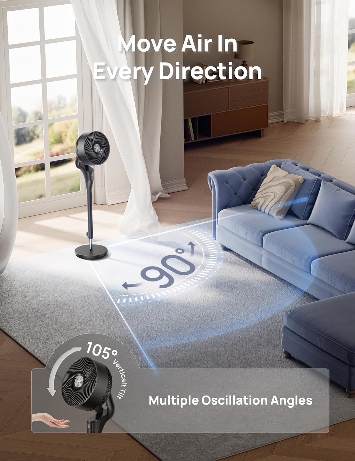 DREO Fan for Bedroom, 2026 Upgraded, 90ft Airflow, 20dB Quiet Fan, 90° Oscillating Standing Fan for Whole Room, DC Motor, 8+H Speeds, 3 Modes, 38-42'' Adjustable Height, 8H Timer, 105° Manual Vertical