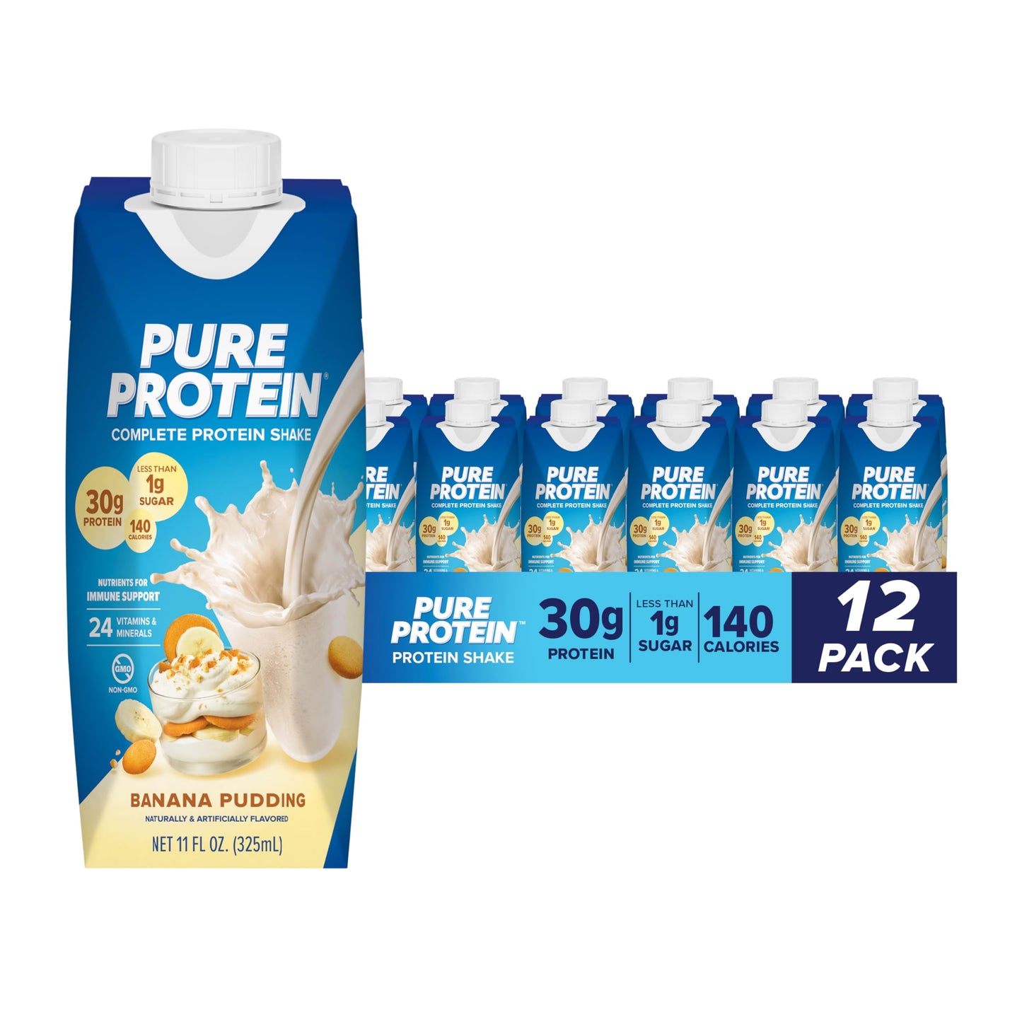 Pure Protein Strawberry Protein Shake, 30g Complete Protein, Ready to Drink and Keto-Friendly, Vitamins A, C, D, and E plus Zinc to Support Immune Health, 11oz Bottles, 12 Pack