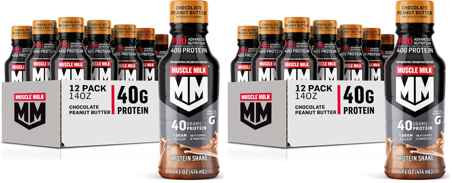 Muscle Milk Pro Advanced Nutrition Protein Shake, Knockout Chocolate, 14 Fl Oz Bottle, 12 Pack, 40g Protein, 1g Sugar, 16 Vitamins & Minerals, 6g Fiber, Workout Recovery, Packaging May Vary